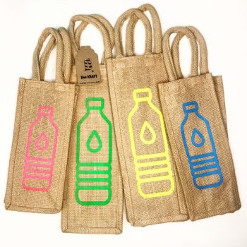 Jute Bottle Bag, Large, Natural with Blue Design