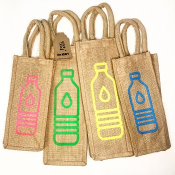 Jute Bottle Bag, Large, Natural with Green Design